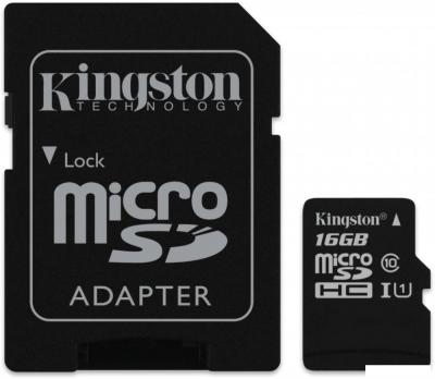 Карта памяти Kingston microSDHC (Class 10) U1 16GB + адаптер [SDCIT/16GB]