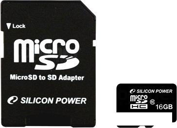 Карта памяти Silicon-Power microSDHC (Class 10) 16 Гб + адаптер (SP016GBSTH010V10-SP)